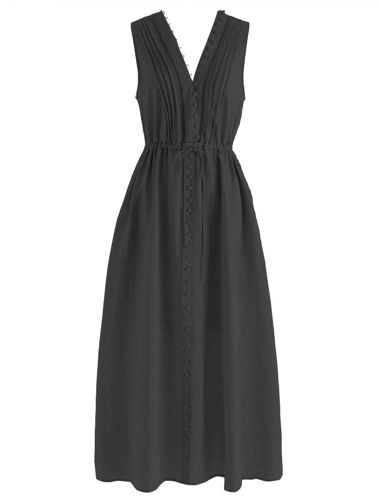 V-Neck Buttoned Sleeveless Linen and Cotton Dress