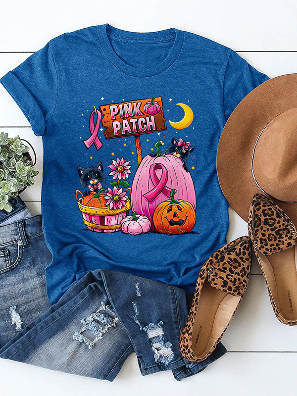 Pink Patch Graphic Pink Ribbon Round Neck T-shirt