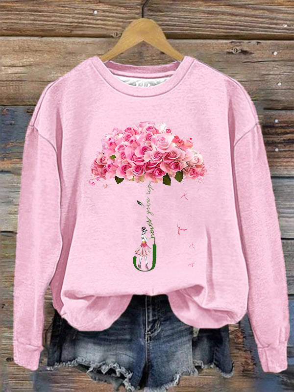 Never Give Up Fight Pink Flower Ribbon Graphic Cozy Sweatshirt