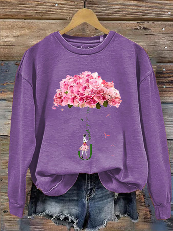 Never Give Up Fight Pink Flower Ribbon Graphic Cozy Sweatshirt