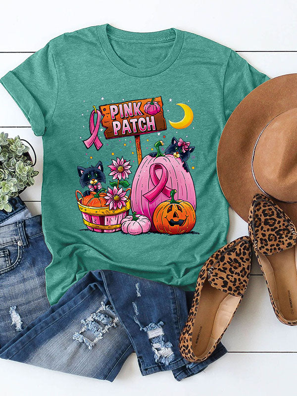 Pink Patch Graphic Pink Ribbon Round Neck T-shirt