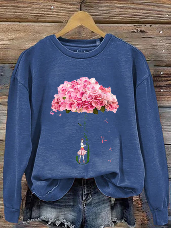 Never Give Up Fight Pink Flower Ribbon Graphic Cozy Sweatshirt