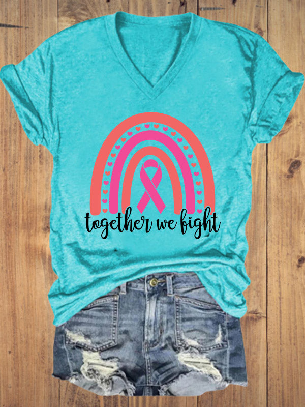 Together We Fight Rainbow Pink Ribbon V-neck T-shirt