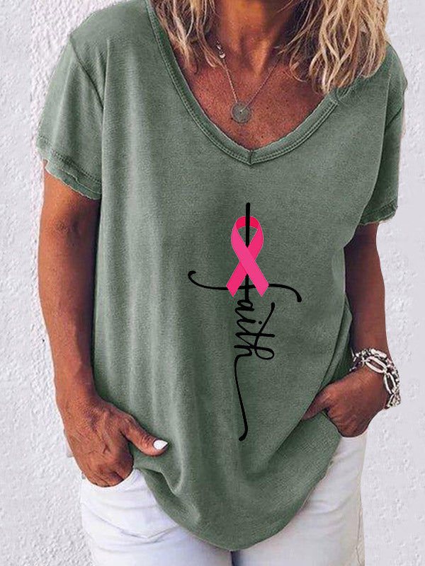 Faith Breast Cancer Awareness V-neck Short Sleeve T-shirt