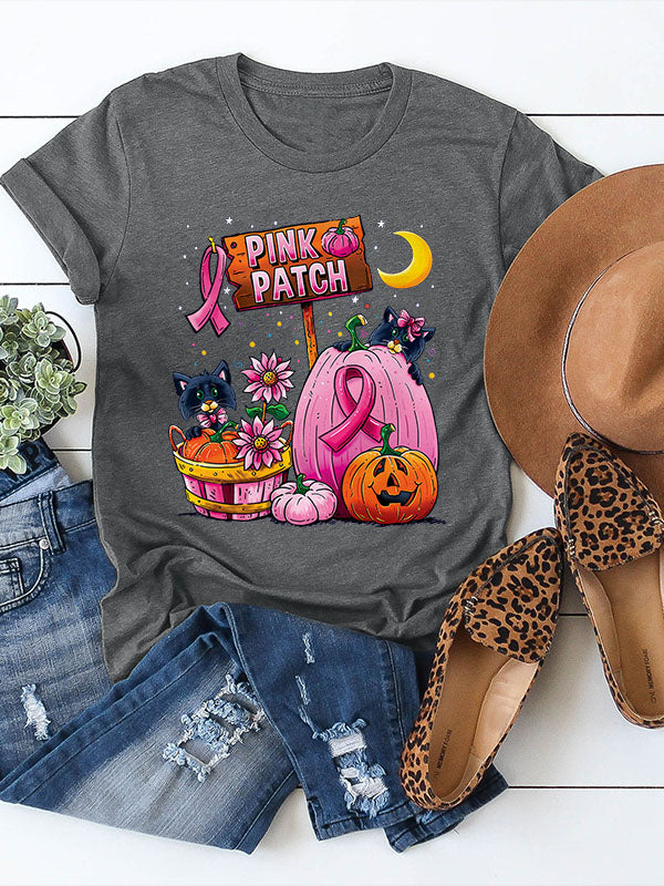 Pink Patch Graphic Pink Ribbon Round Neck T-shirt