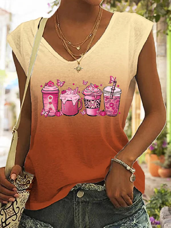 In October We Wear Pink Coffee Cups Gradient Cap Sleeve T-Shirt