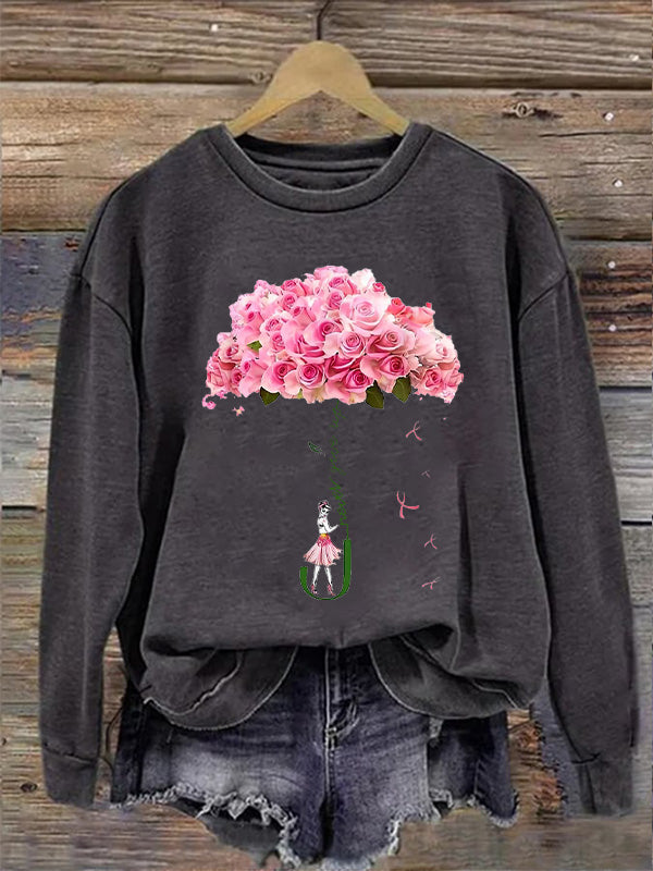 Never Give Up Fight Pink Flower Ribbon Graphic Cozy Sweatshirt
