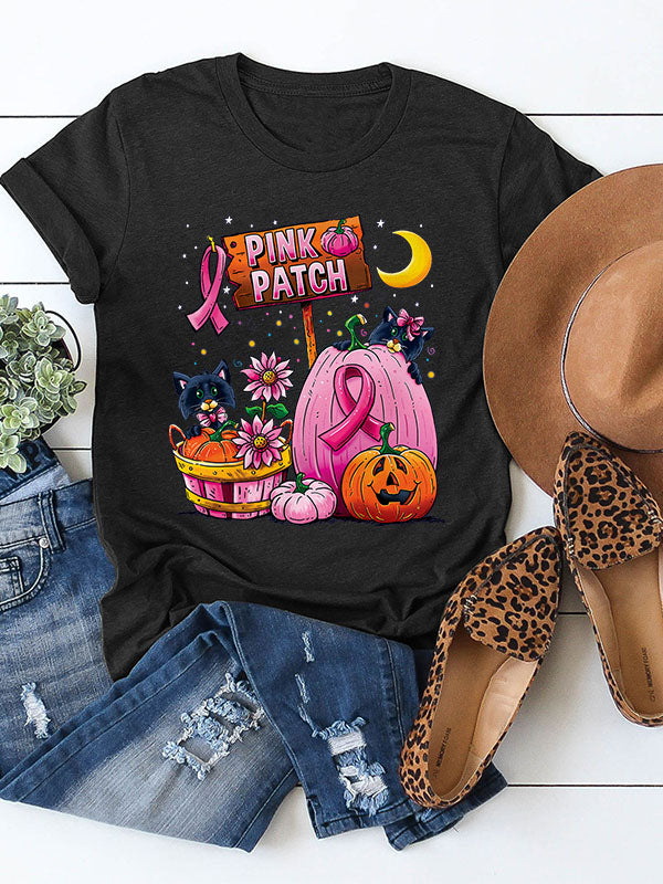 Pink Patch Graphic Pink Ribbon Round Neck T-shirt