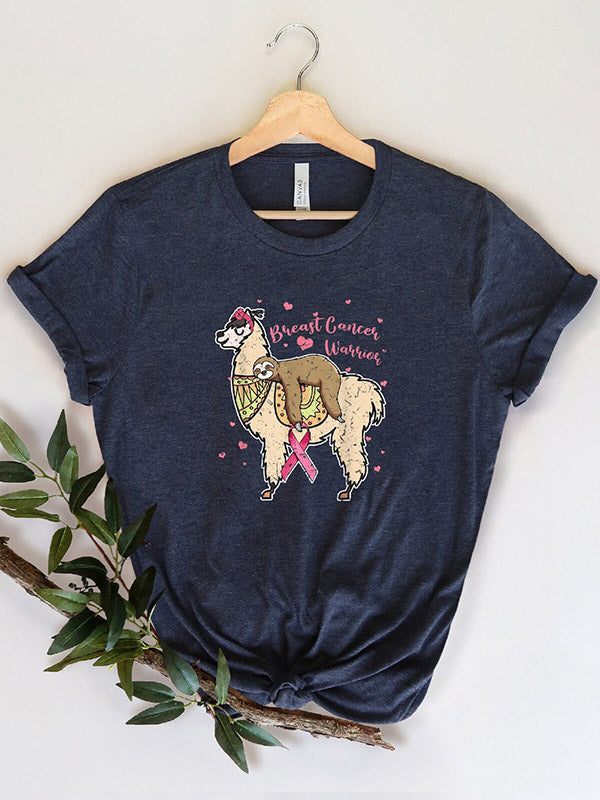 Alpaca Sloth Pink Ribbon Graphic T-Shirt