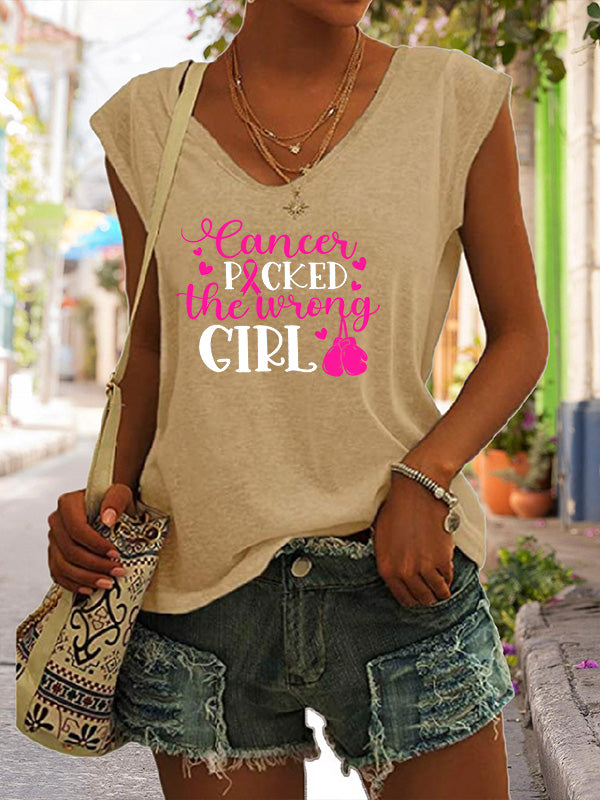 Cancer Picked The Wrong Girl Print V-Neck T-Shirt