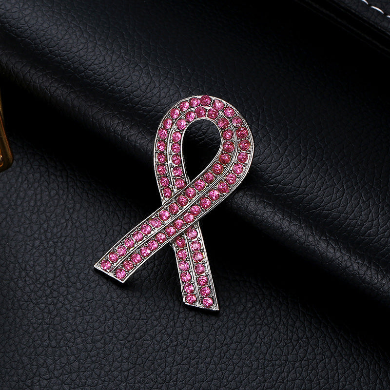 Breast Cancer Awareness Pink Ribbon Diamond Brooch