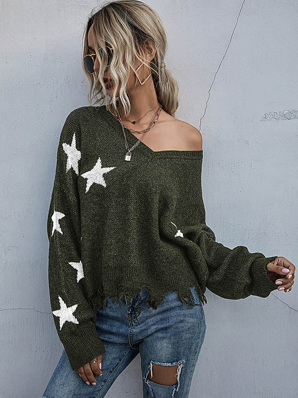 Star V-neck Fringe Knitted Sweater