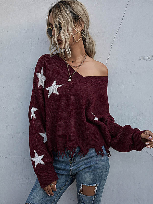 Star V-neck Fringe Knitted Sweater