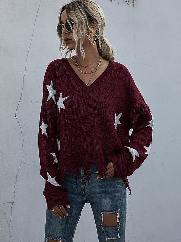 Star V-neck Fringe Knitted Sweater