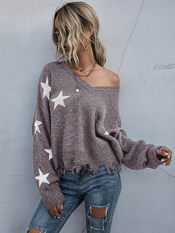 Star V-neck Fringe Knitted Sweater