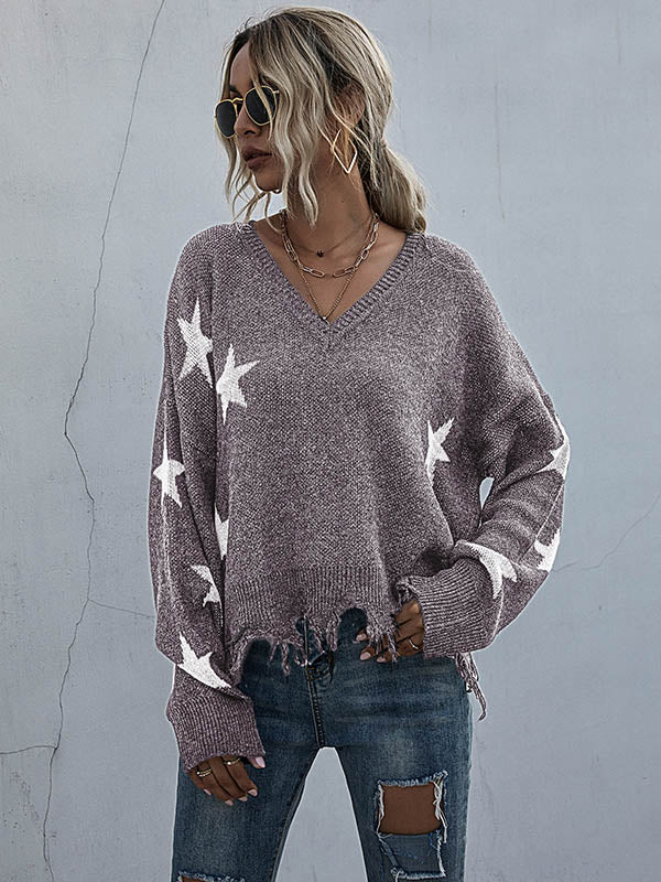 Star V-neck Fringe Knitted Sweater