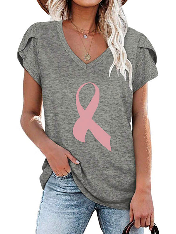 Pink Ribbon Print V-Neck T-shirt