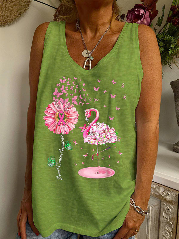 Pink Bird Flamingo Breast Cancer Awareness V-neck Loose Tank