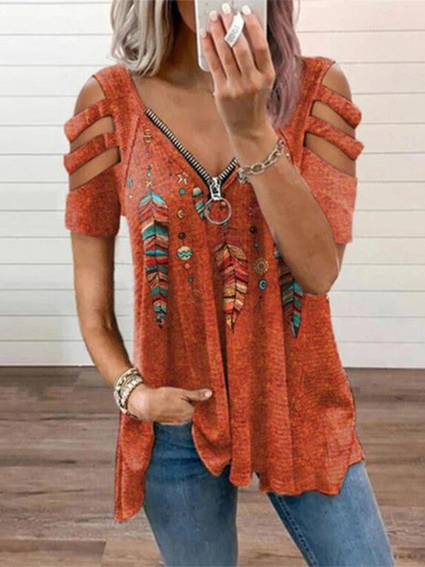 Cutout Shoulder Feather Print Zip V-Neck T-Shirt
