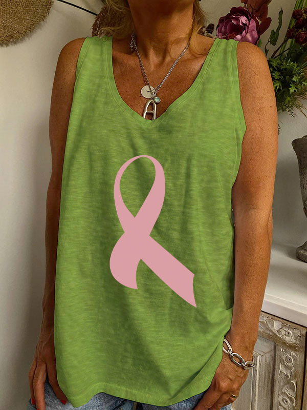 Pink Ribbon Print V-neck Loose Tank