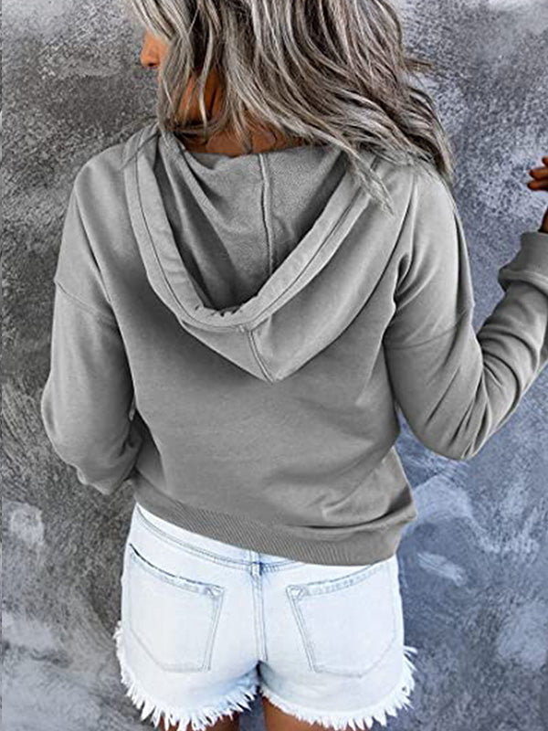 Loose Casual Button Collar Drawstring Pocket Hoodie