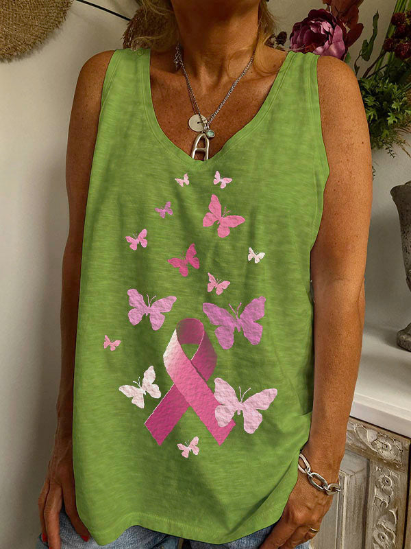 Pink Ribbon And Butterfly Graphic V-neck Loose Tank