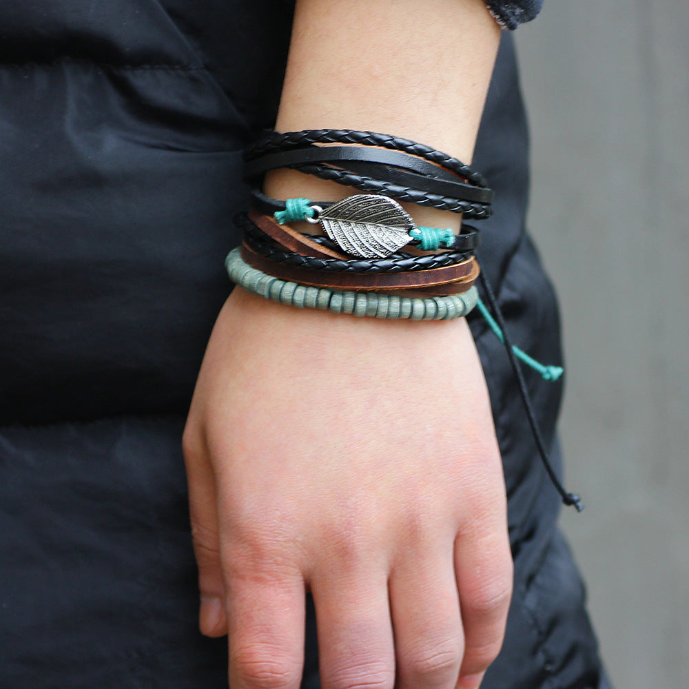 Leather String Beaded Leaf Combination Bracelet Set of Three