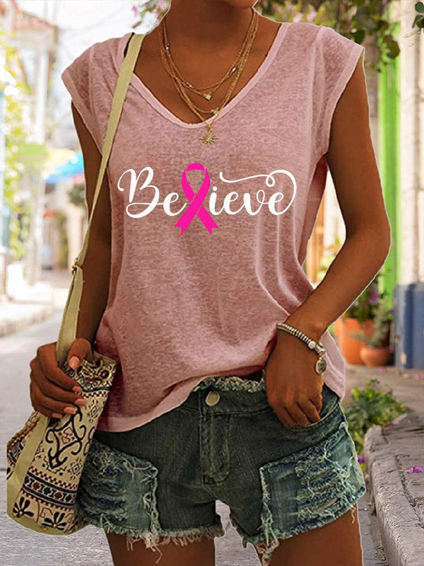 Believe Pink Ribbon Graphic V-Neck T-Shirt