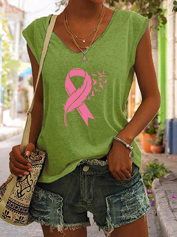 Feather Pink Ribbon Graphic V-Neck T-Shirt