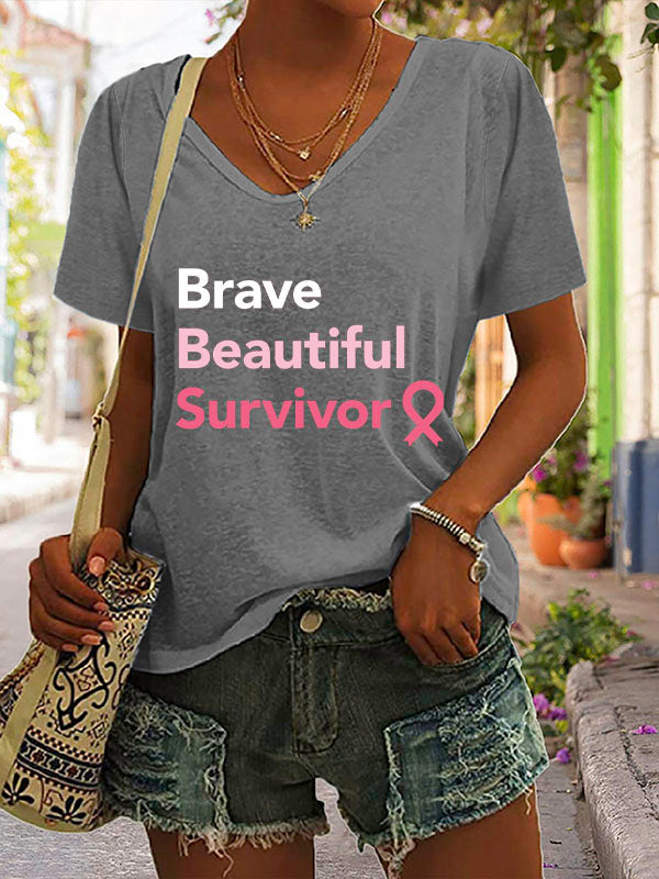 Brave Beautiful Survivor Pink Ribbon V-neck Short Sleeve T-shirt
