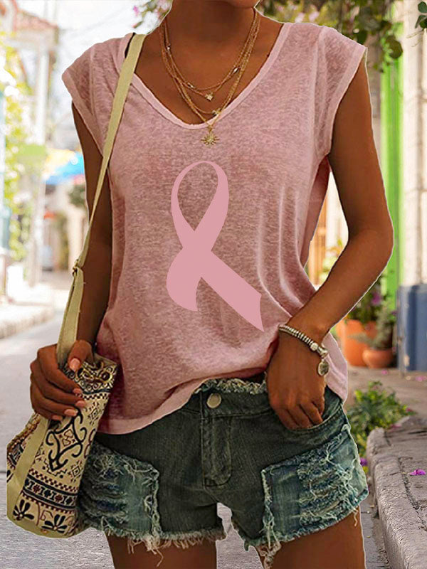 Pink Ribbon Print Cap Sleeve T-Shirt