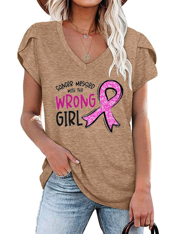Cancer Messed With The Wrong Girl Pink Ribbon V-Neck T-shirt