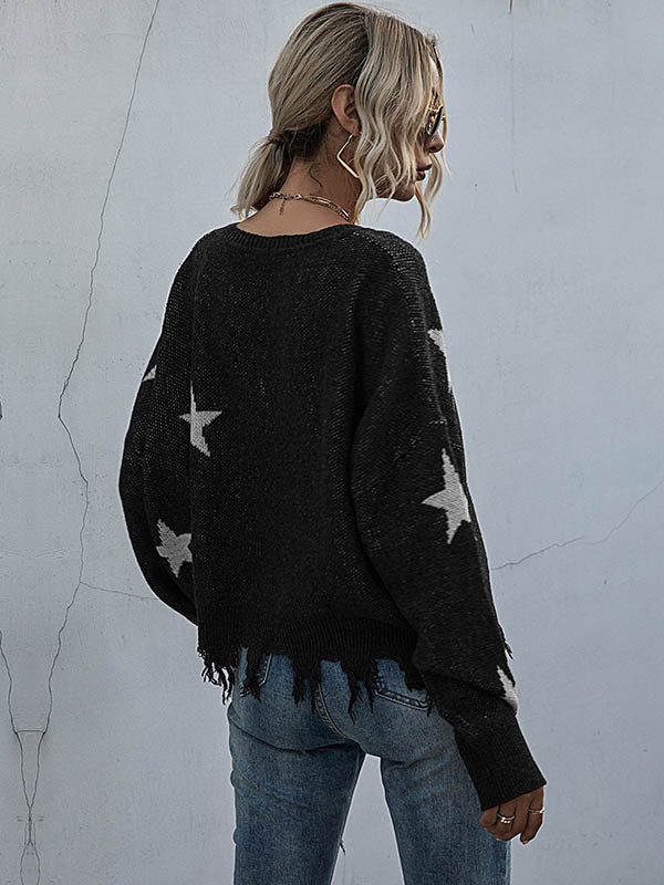 Star V-neck Fringe Knitted Sweater