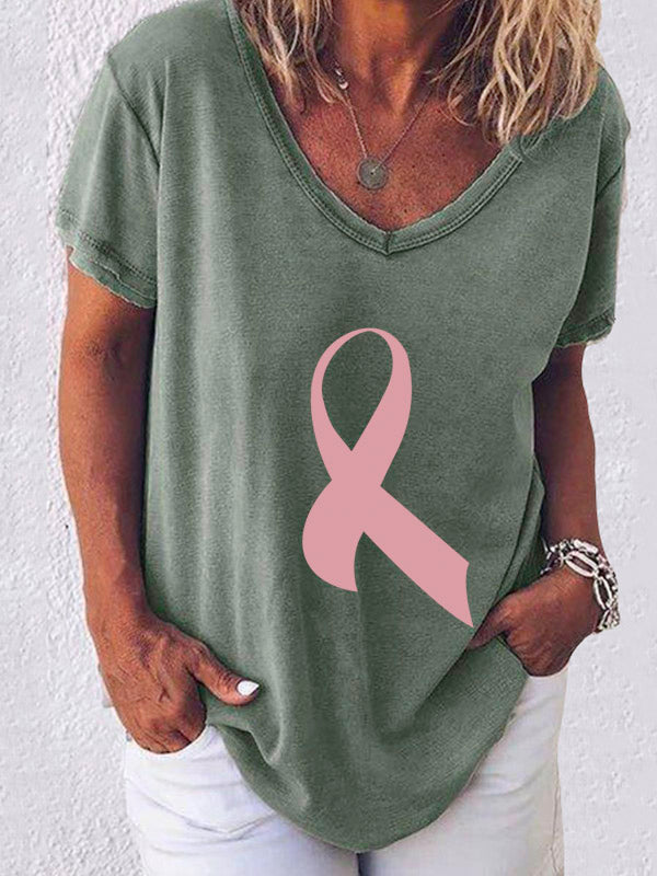 Pink Ribbon Print V-neck Short Sleeve T-shirt