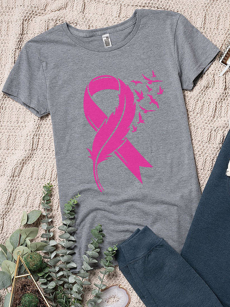 Feather Pink Ribbon Womens Crew Neck T-shirt