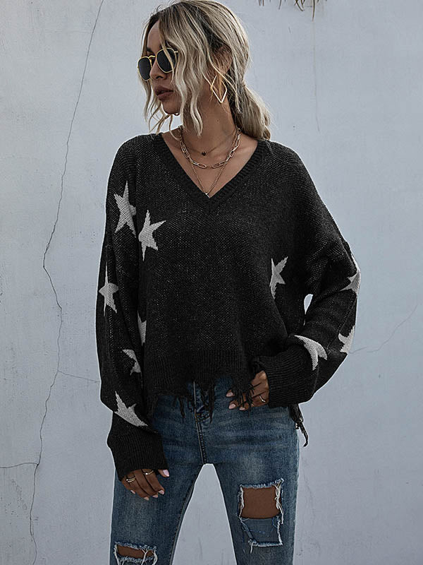 Star V-neck Fringe Knitted Sweater