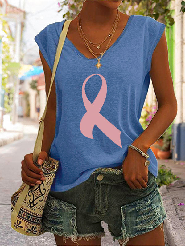 Pink Ribbon Print Cap Sleeve T-Shirt