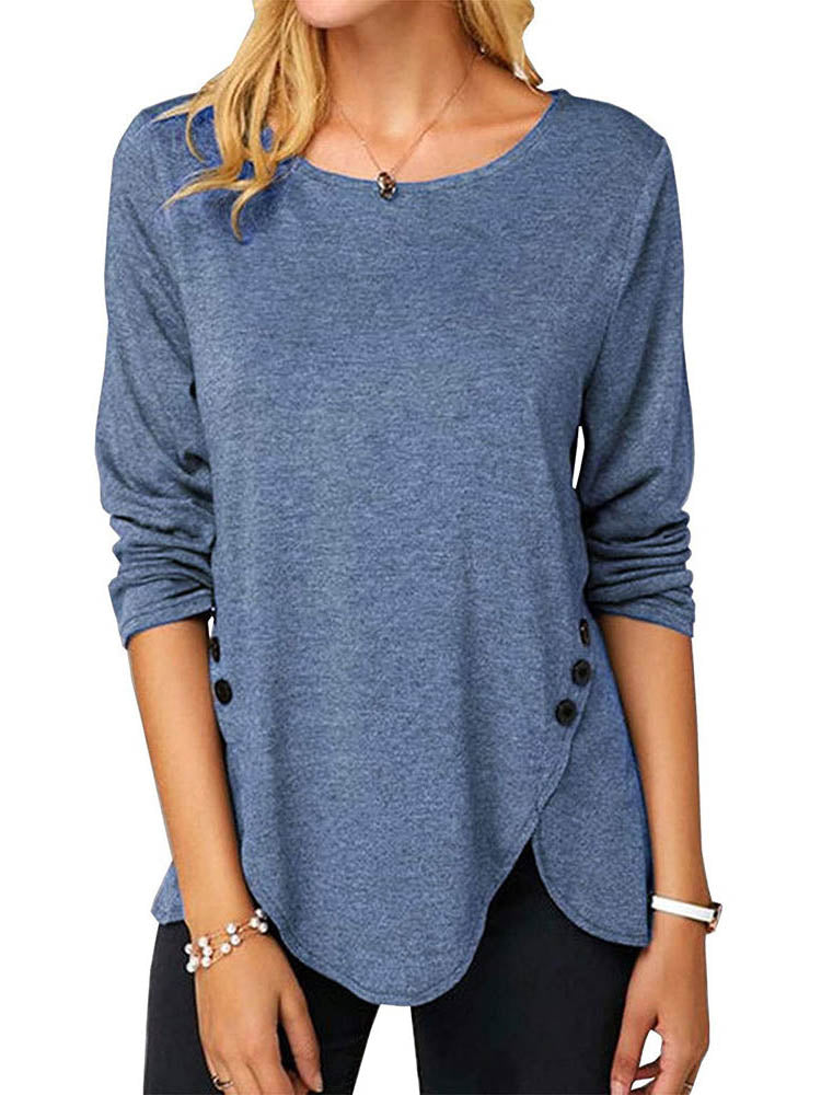 Buttoned Asymmetrical Hem Long Sleeve T-Shirt