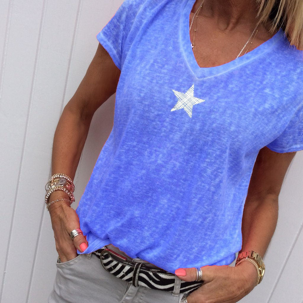 Star Print V-neck Soft T-shirt