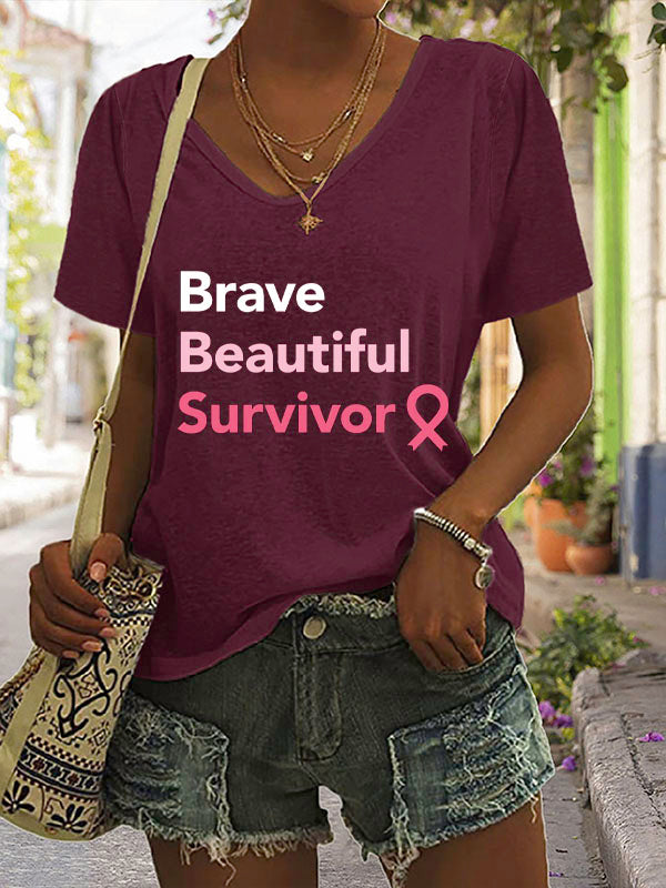 Brave Beautiful Survivor Pink Ribbon V-neck Short Sleeve T-shirt