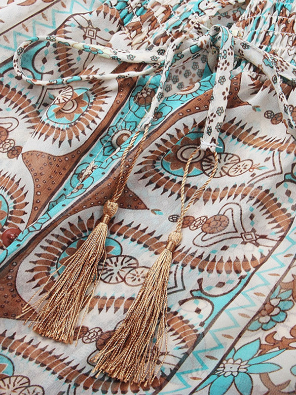 Fringed Chiffon Printed Long Dress