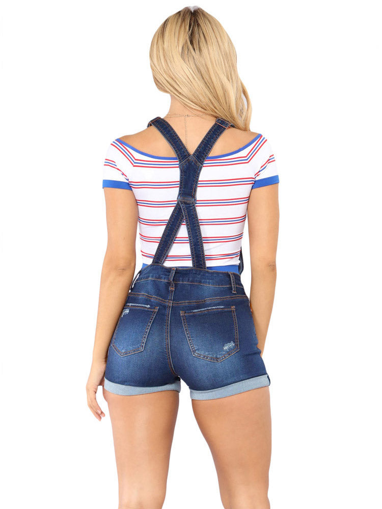 Adjustable Strap Button Front Denim Rompers - Dark Blue