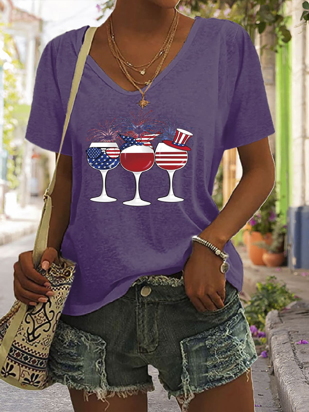 V-Neck Wine & American Flag Graphic T-Shirt
