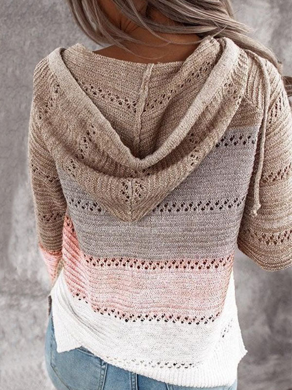 Western Cowgirl Colorblock Knitted Hoodie - Brown