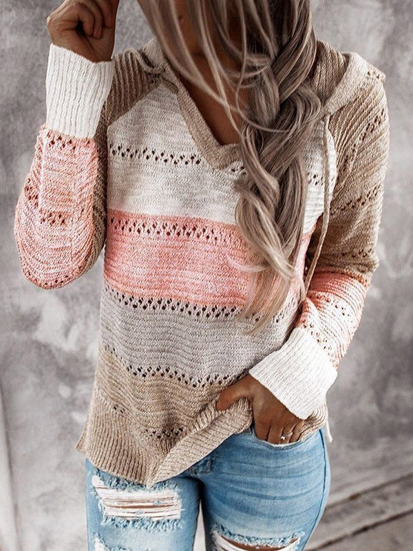 Western Cowgirl Colorblock Knitted Hoodie - Brown