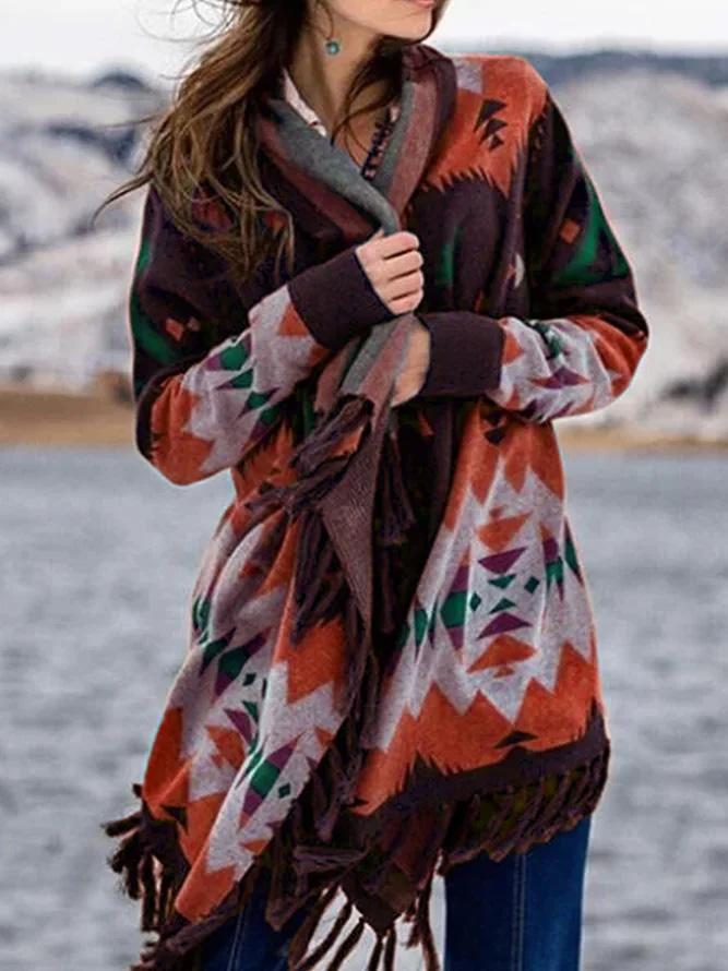 Tassel Long Sleeve Geometric Knit Cardigan