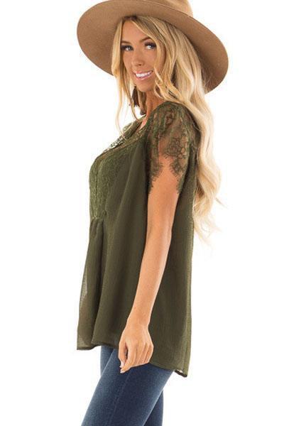 Deep V Neck Patchwork Lace Plain T-Shirts