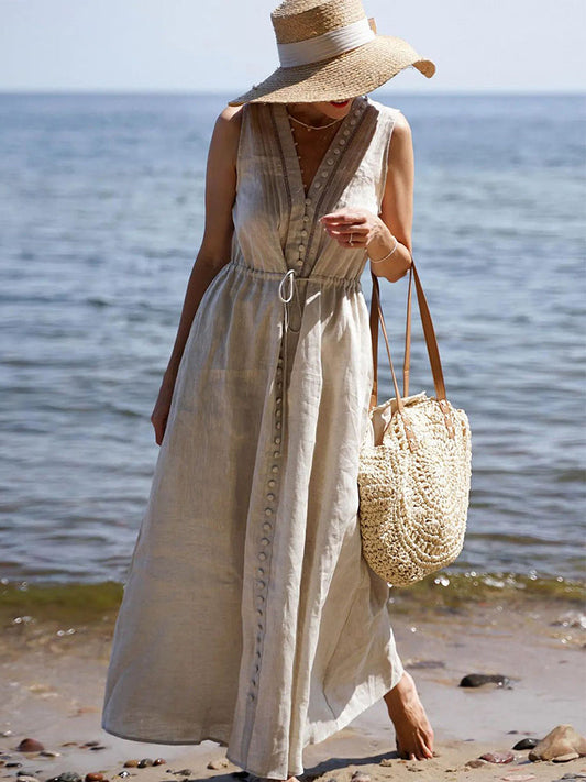 V-Neck Buttoned Sleeveless Linen and Cotton Dress