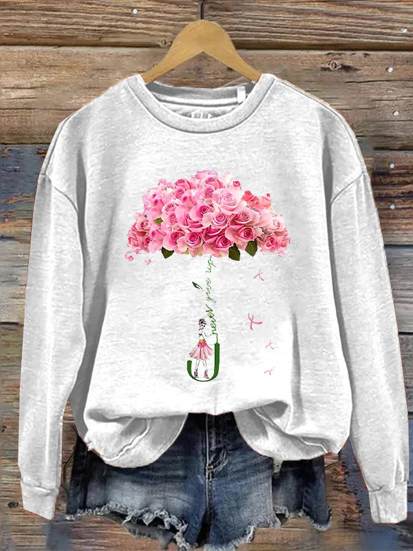Never Give Up Fight Pink Flower Ribbon Graphic Cozy Sweatshirt