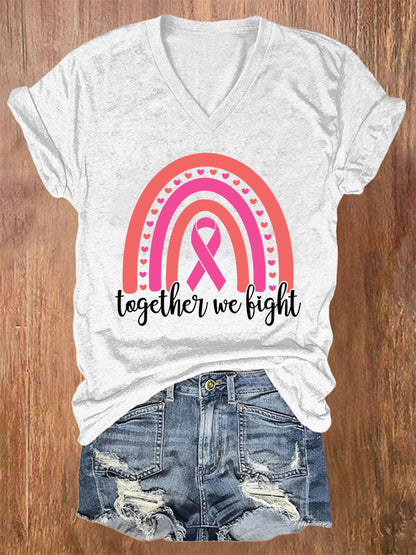 Together We Fight Rainbow Pink Ribbon V-neck T-shirt